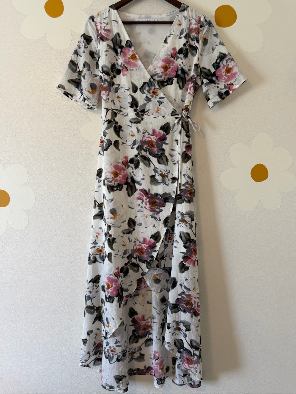 EUC Baltic Born White Pink Floral Wrap Midi Dress with Flutter Sleeves - Picture 3 of 11